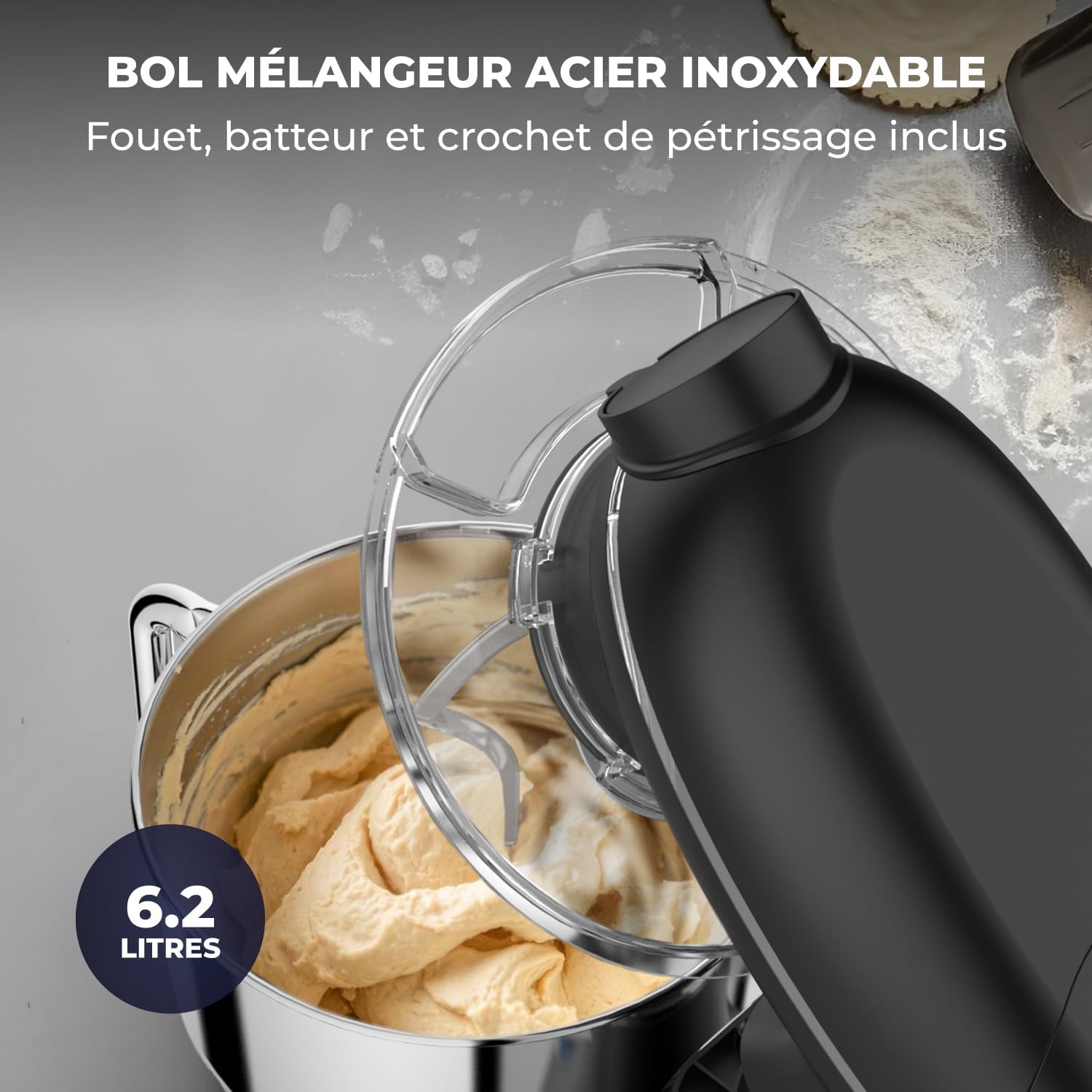 Robot pâtissier 2000 W bol 6,2 L hachoir mixeur accessoires inclus