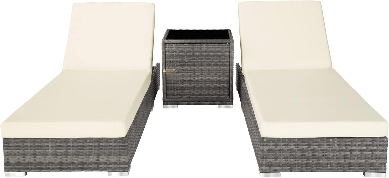 Set 2 chaises longues bain de soleil dossier réglable table aluminium résine tressée housses protection gris