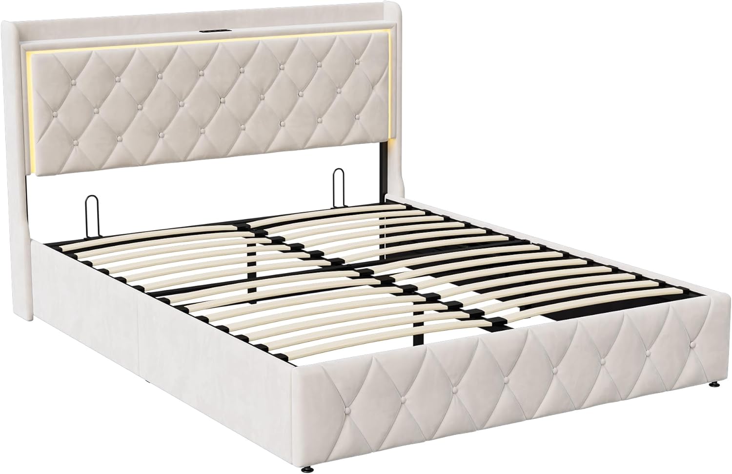 Lit coffre 160x200 cm LED USB tête de lit rangement velours