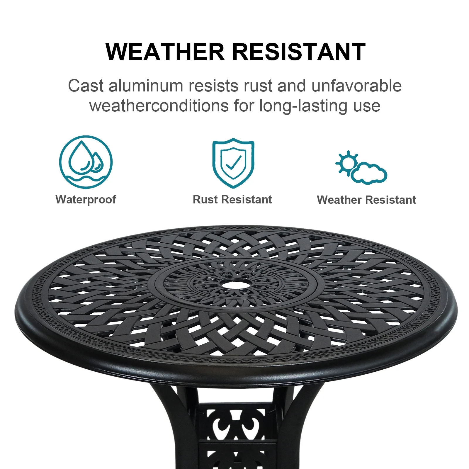 30.3 in Round Patio Table Cast Aluminum Patio Table, Metal Patio Dining Table with Umbrella Hole, All-Weather Outdoor Bistro Dining Table for Backyard, Garden, Balcony, Black