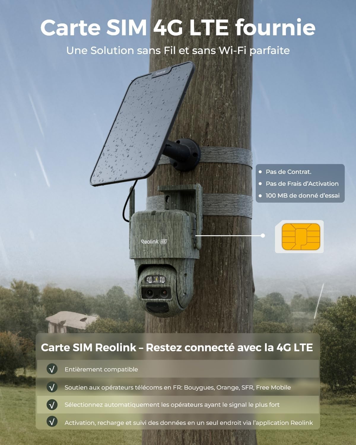 Caméra surveillance 4G LTE double objectif 4K SIM incluse PTZ suivi auto zoom hybride 6X IR sans lueur panneau solaire