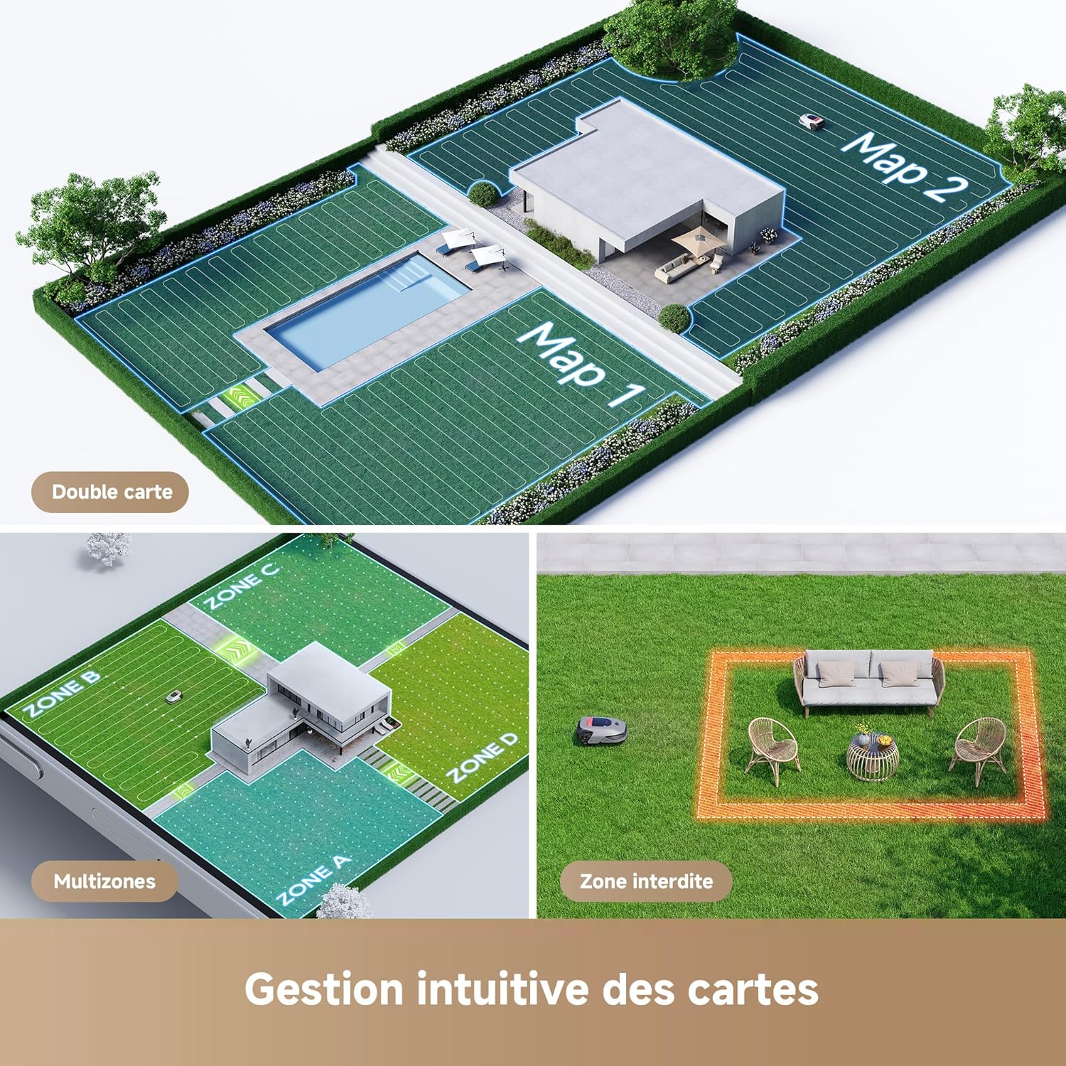 Robot tondeuse 360° LiDAR recommandé 2000 m² gestion zones via appli