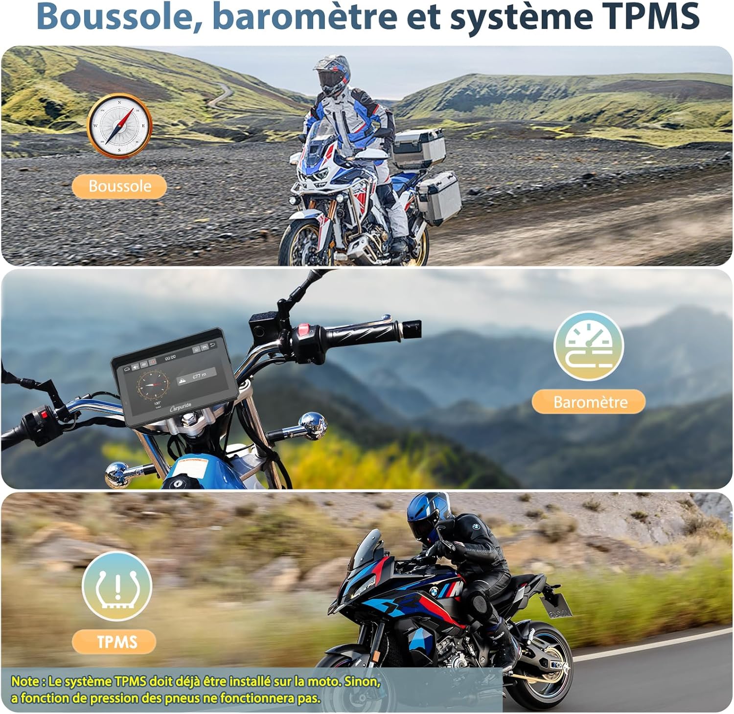 Écran moto CarPlay W702BS Pro 7 pouces étanche tactile double Bluetooth interphone données lecture