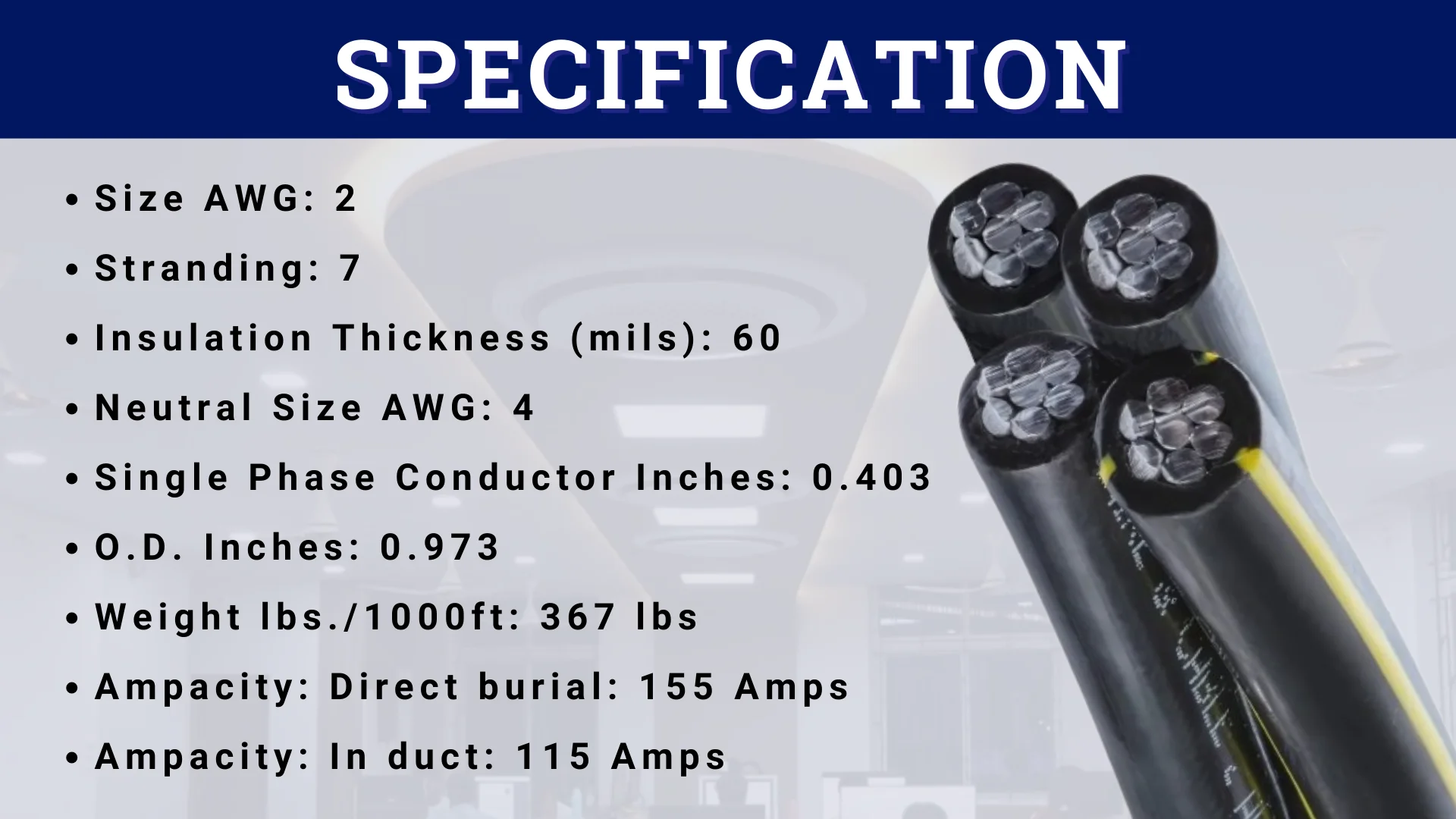 100' Aluminum URD Dyke 2 - 2 - 2 - 4 Cable Direct Burial Quadruplex Secondary Wire by General Cable