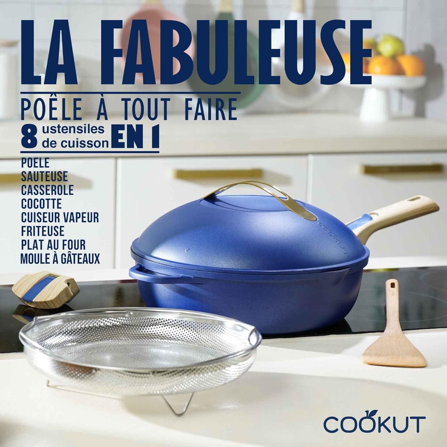 Poêle 8 en 1 avec poignées amovibles panier vapeur friture spatule bois
