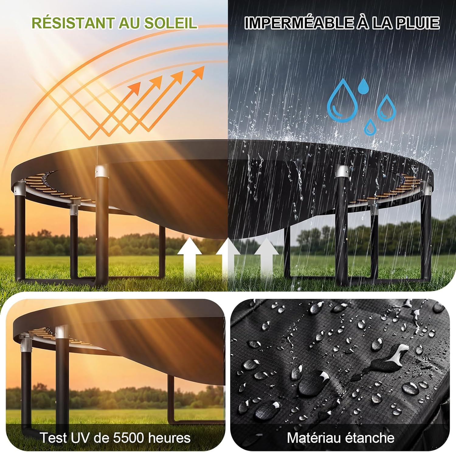 Trampoline extérieur 228 305 366 427 cm filet sécurité charge 150 kg