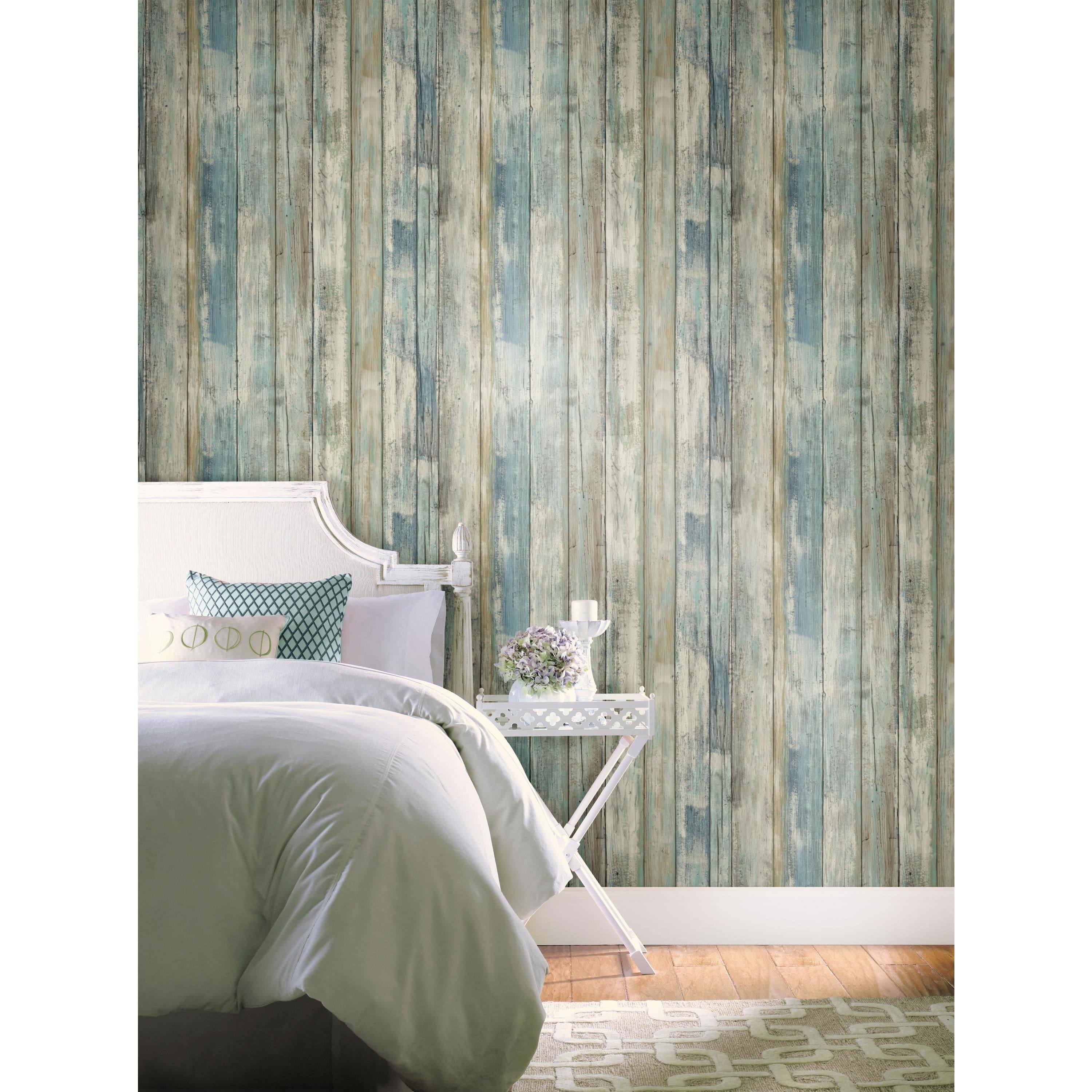 Roommates Faux Distressed Wood Peel and Stick Wallpaper, Blue/Gray
