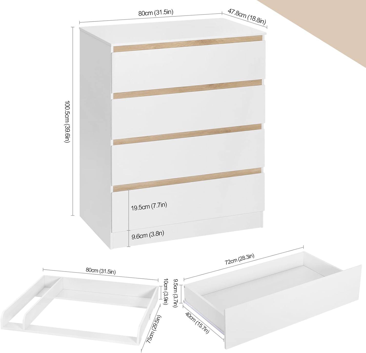 Table à langer avec commode 4 tiroirs bois blanc chêne clair