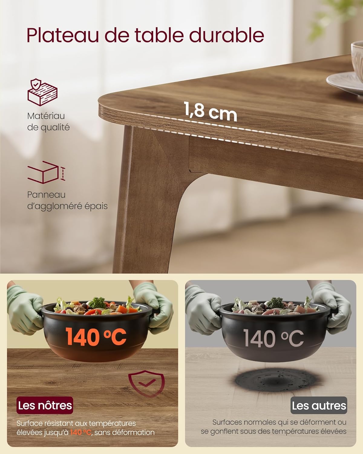 Table salle à manger plateau extensible charge 120 kg marron miel