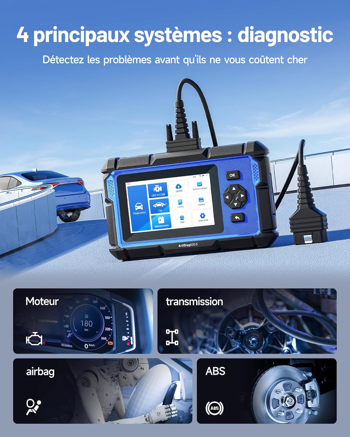 Valise diagnostic auto ArtiDiag600S OBD2 4 systèmes 9 réinitialisations fonctions complètes