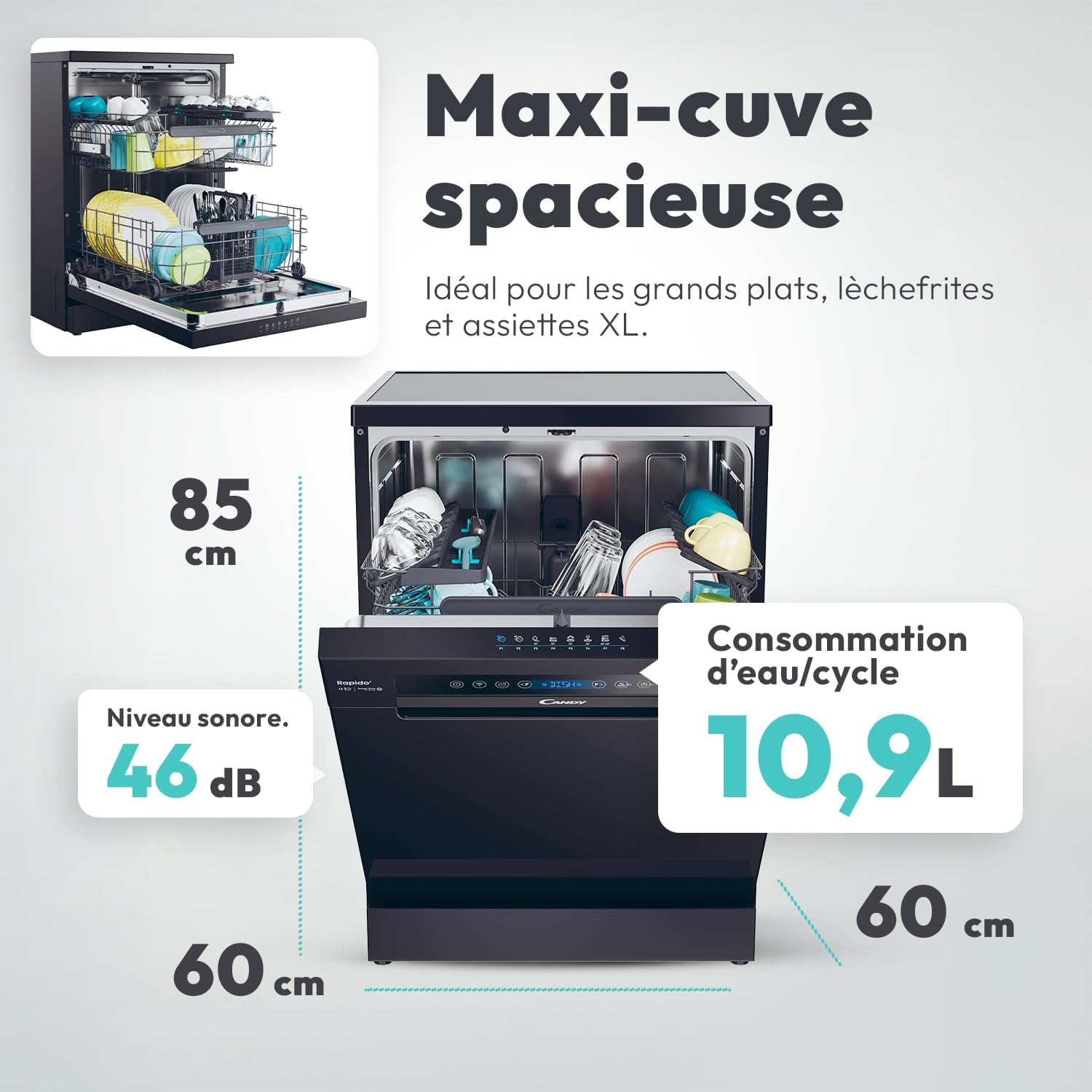 Lave vaisselle pose libre 15 couverts classe C maxi cuve wash dry 35 min ouverture auto contrôle distance noir