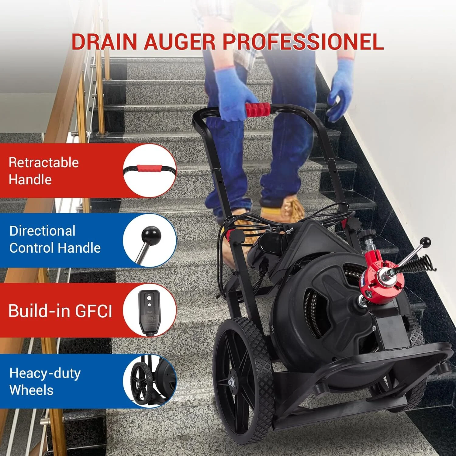 Aoile Sewer Snake 100 Ft x 1/2 in, Professional Drain Auger with 6 Cutters & Heacy - Duty Wheels for 1