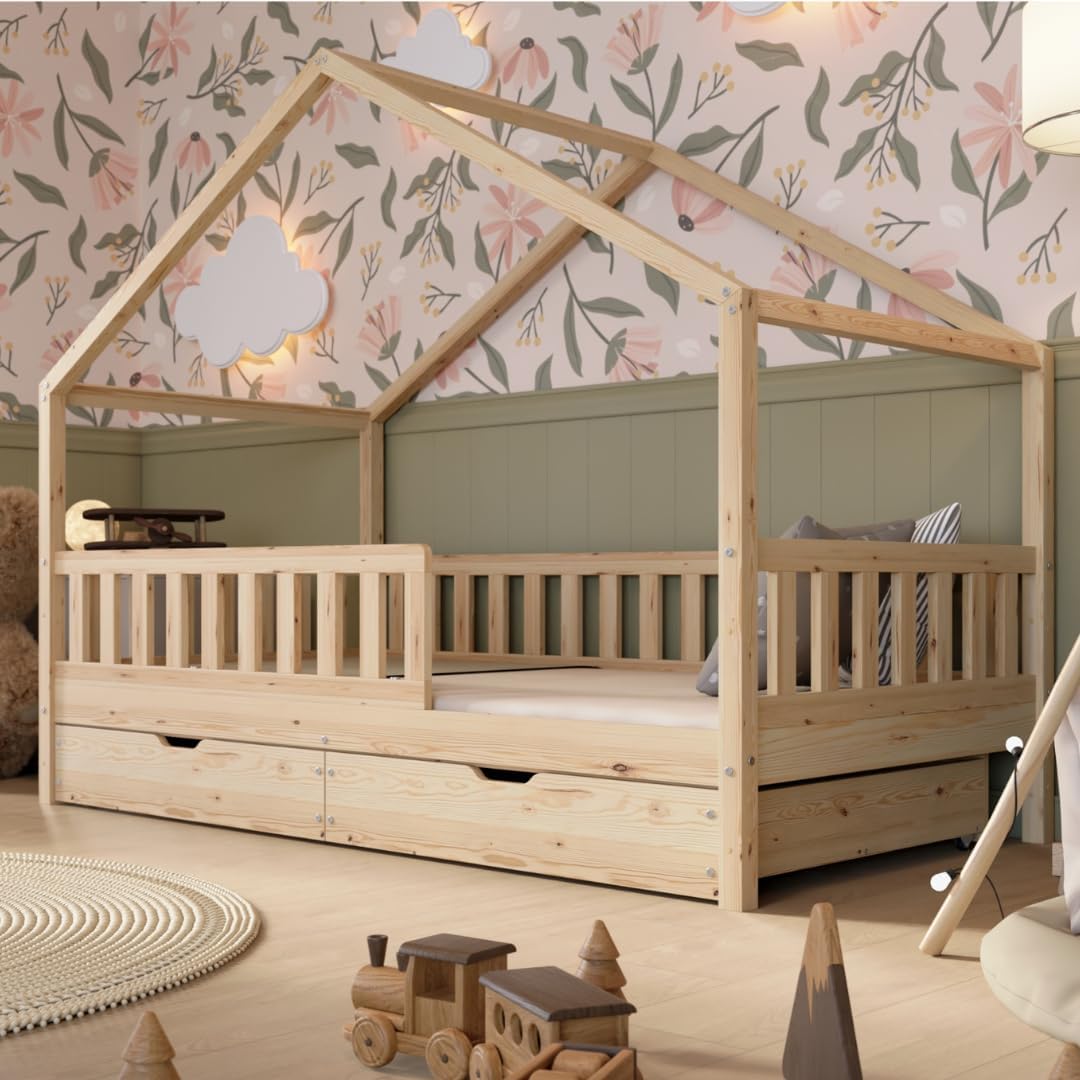 Lit cabane 190 x 90 cm bois naturel tiroirs barrière amovible style Montessori