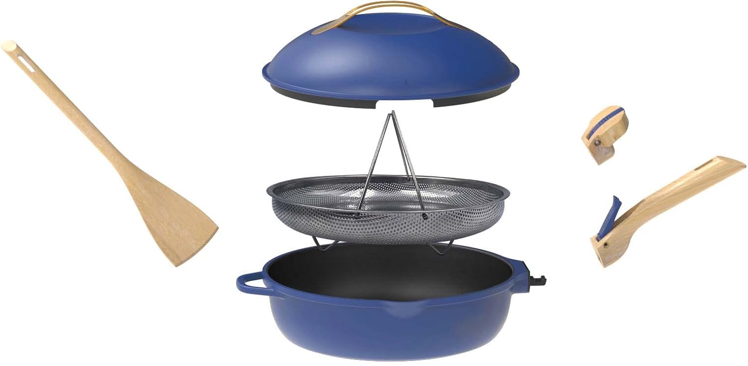 Poêle 8 en 1 avec poignées amovibles panier vapeur friture spatule bois