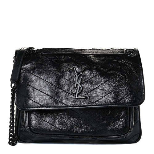 SAINT LAURENT Crinkled Calfskin Matelasse Monogram Medium Niki Chain Satchel Black