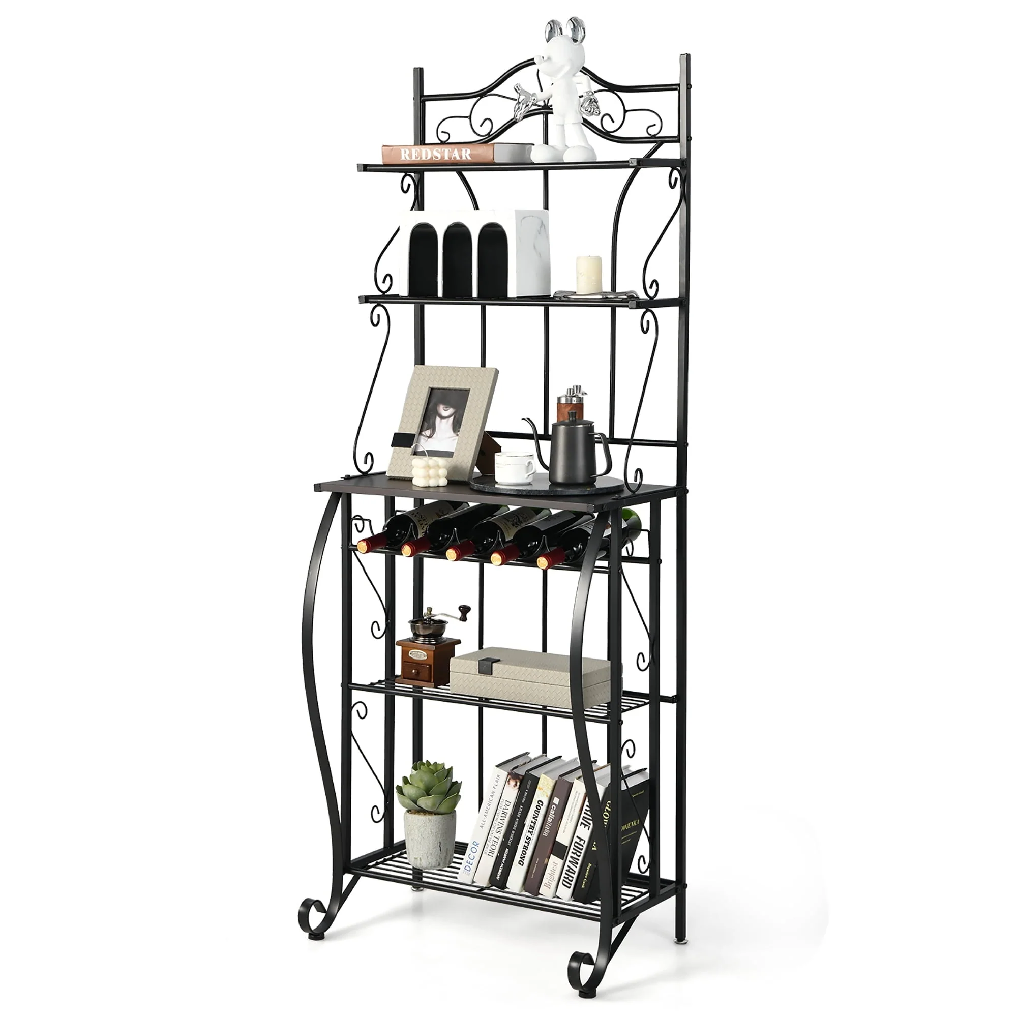 Costway 5 - Tier Metal Kitchen Bakers Rack Microwave Storage Rack Oven Stand with Wine Organizer