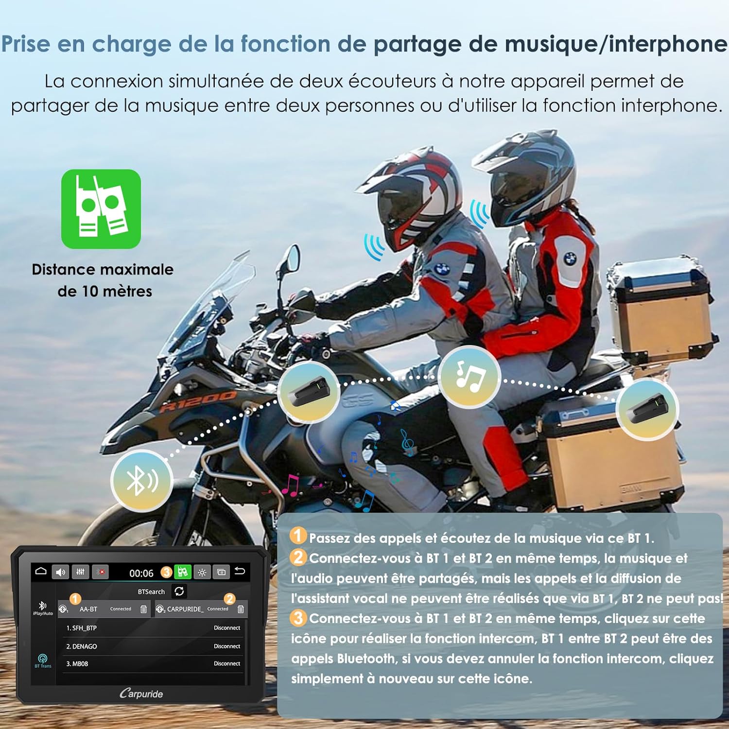 Écran moto CarPlay W702BS Pro 7 pouces étanche tactile double Bluetooth interphone données lecture