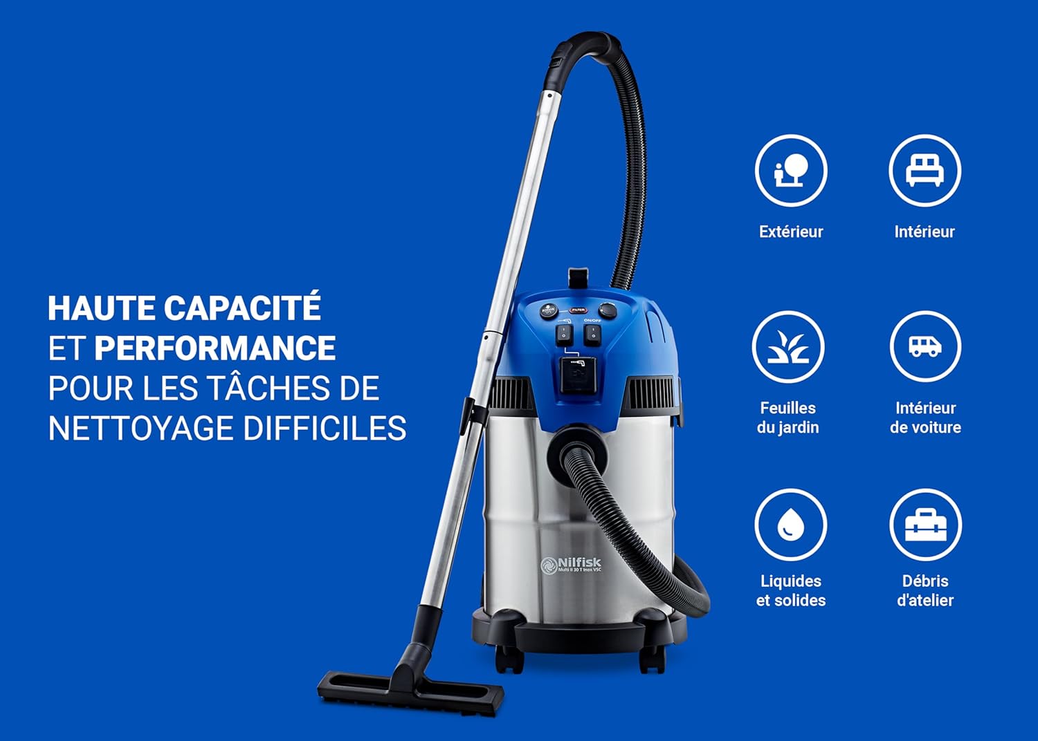 Aspirateur eau poussière 30 L inox 1400 W intérieur extérieur