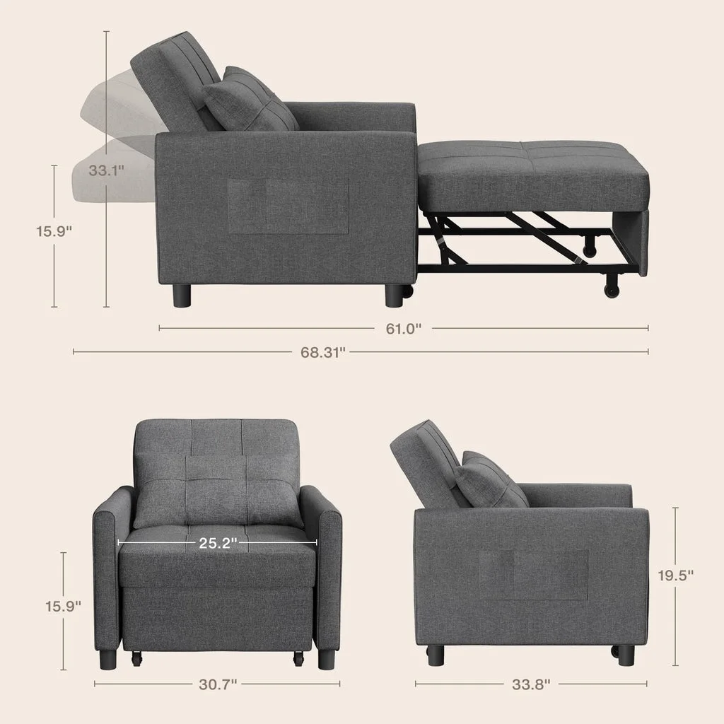 Convertible Sleeper Chair, Aiho 3 - in - 1 Convertible Sofa Bed Recliner Chair with Pull Out Couch - Dark Gray