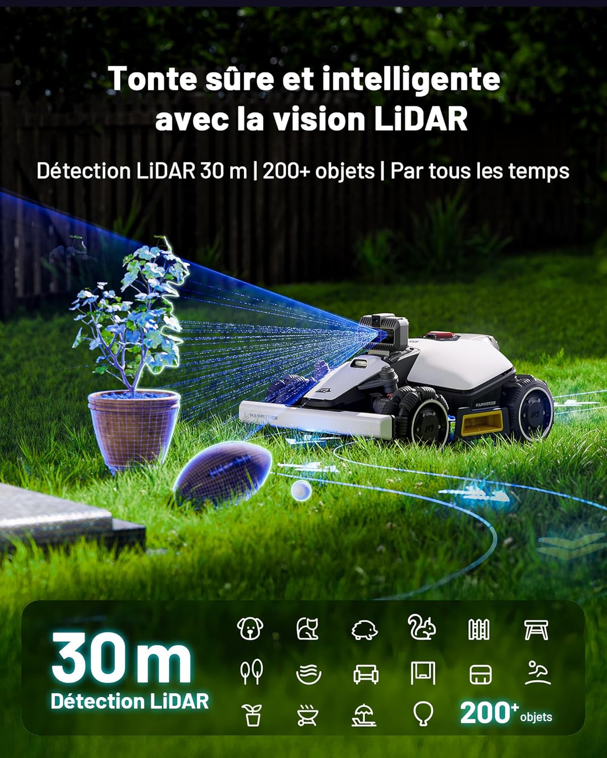 Robot tondeuse LUBA Mini AWD LiDAR 3D AI Vision sans antenne RTK cartographie auto 1500 m² pente 80% module 4G