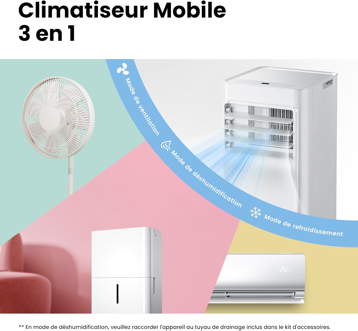 Climatiseur mobile 9000 BTU 26 kW app 3 modes 3 vitesses compact pièces 33 m² Breezy Cool 26 Alexa