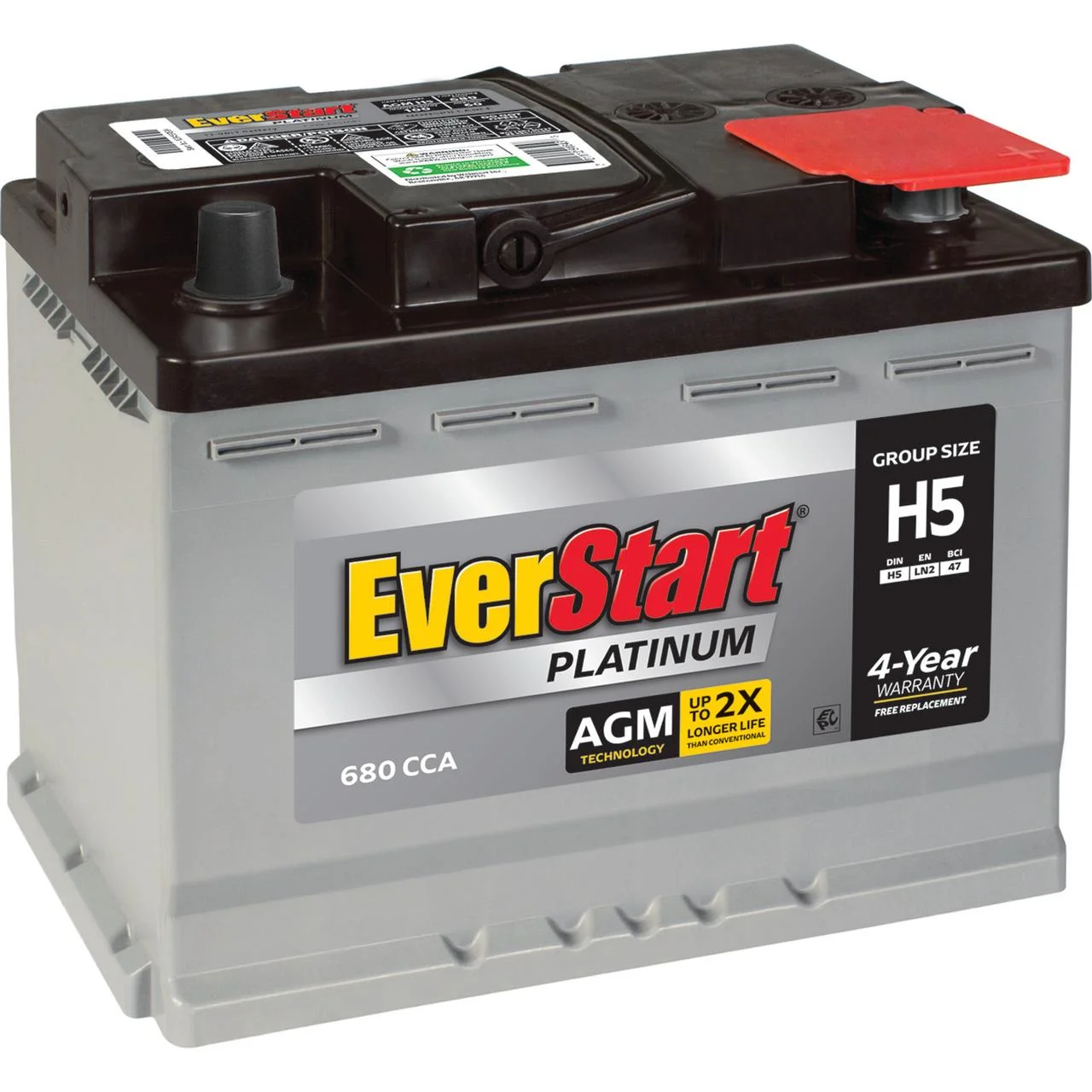 Everstart Platinum AGM Automotive Battery, Group Size H5 / LN2 / 47 12 Volt, 680 CCA 105RC with Top Post Epoxy Coated Battery Terminal