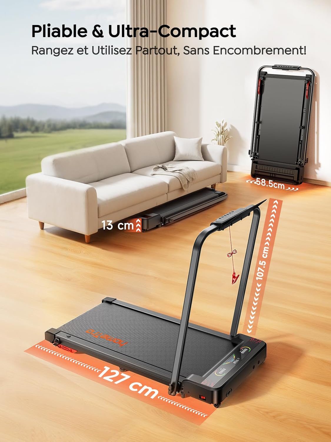 Tapis de course pliable 5 en 1 LED inclinable 9% moteur silencieux double écran 1 à 12 km/h compact maison bureau 120 kg