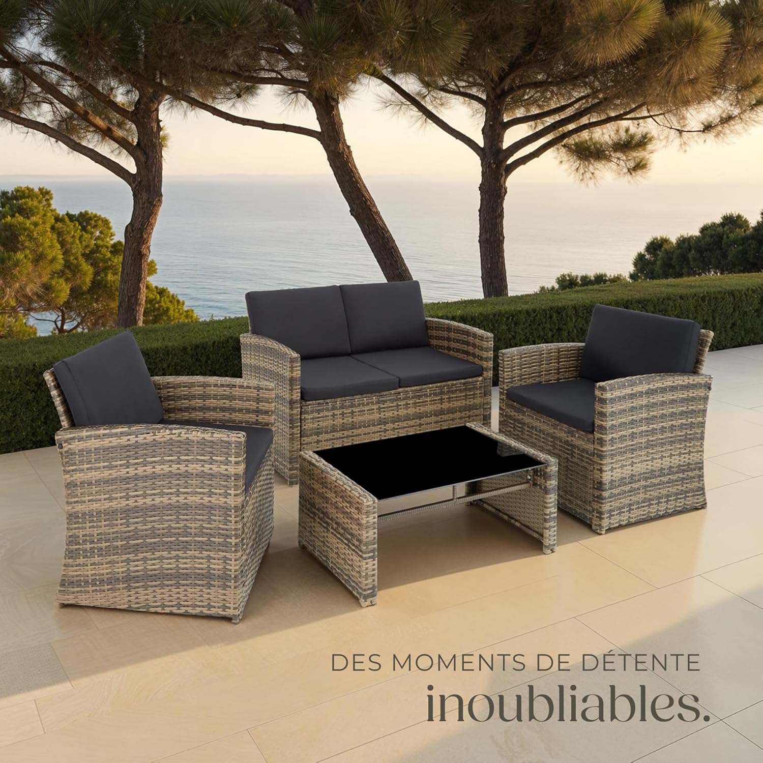 Salon jardin résine tressée 4 places table canapé fauteuils coussins