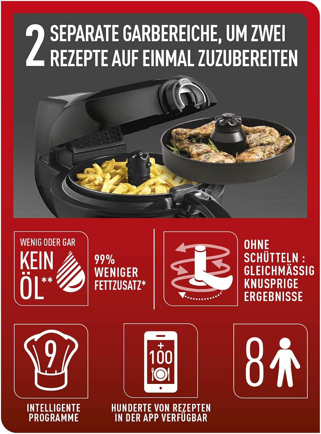 Friteuse air chaud 2 en 1 Genius XL YV9708 1500W capacité 17kg 9 programmes noir