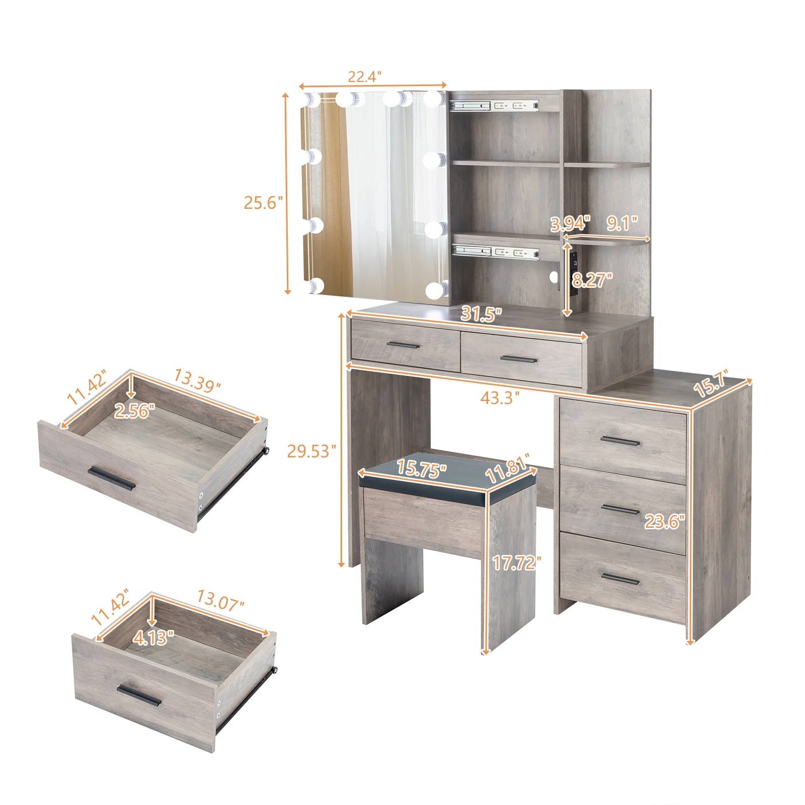 Ktaxon Vanity Set with 3 Color Lighted Mirror & Charging Station, Makeup Table with 3 Storage Shelves & Drawers, Dressing Table Makeup Desk with Stool, Retro Gray