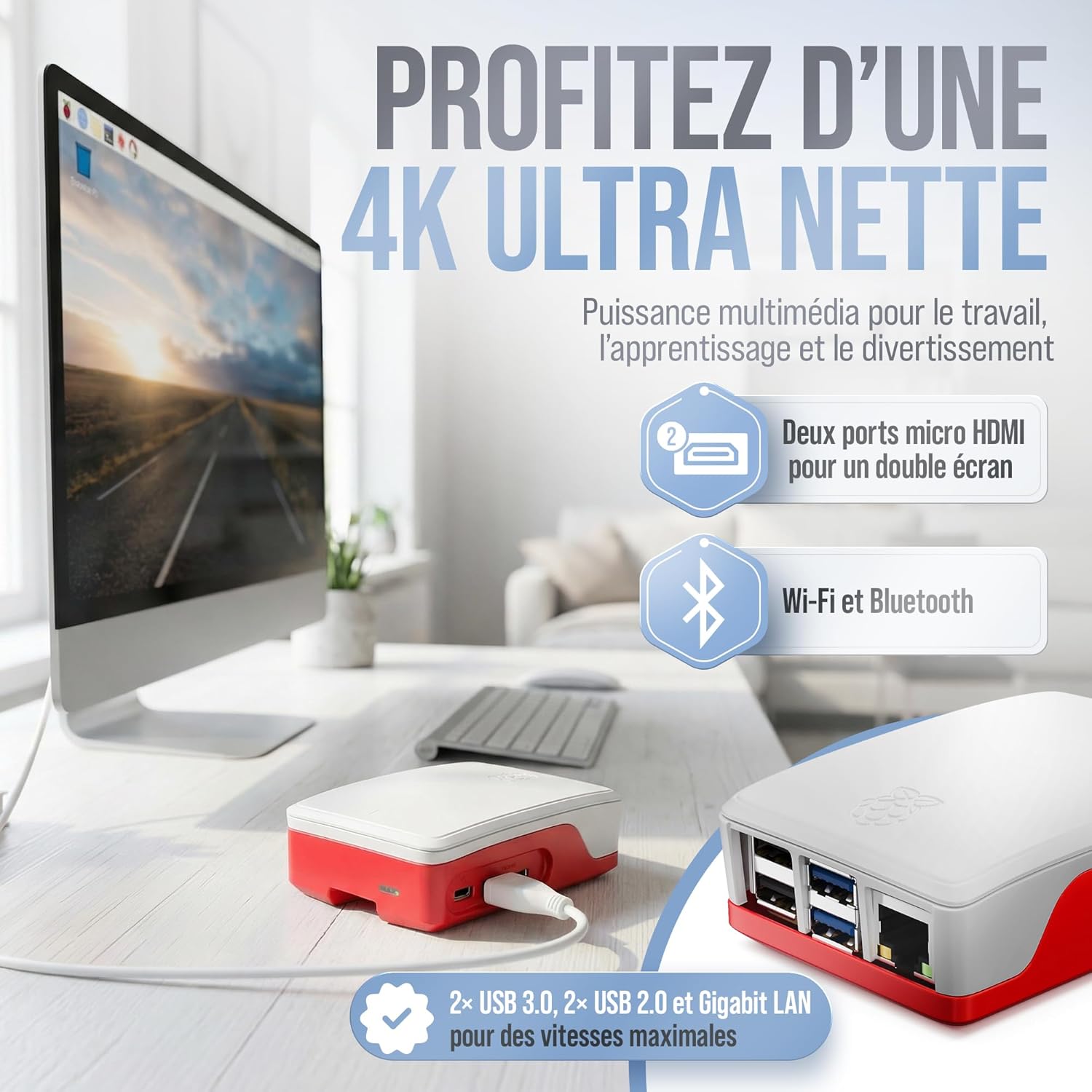 Kit Raspberry Pi 5 8 Go alimentation 27 W boîtier ventilateur HDMI 4K
