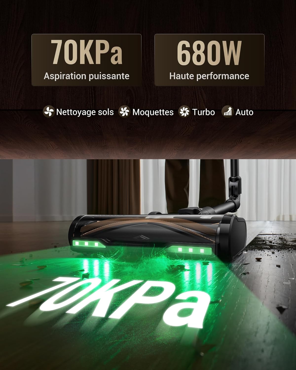 Aspirateur balai sans fil 70 Kpa 680 W 70 min pliable autoportant