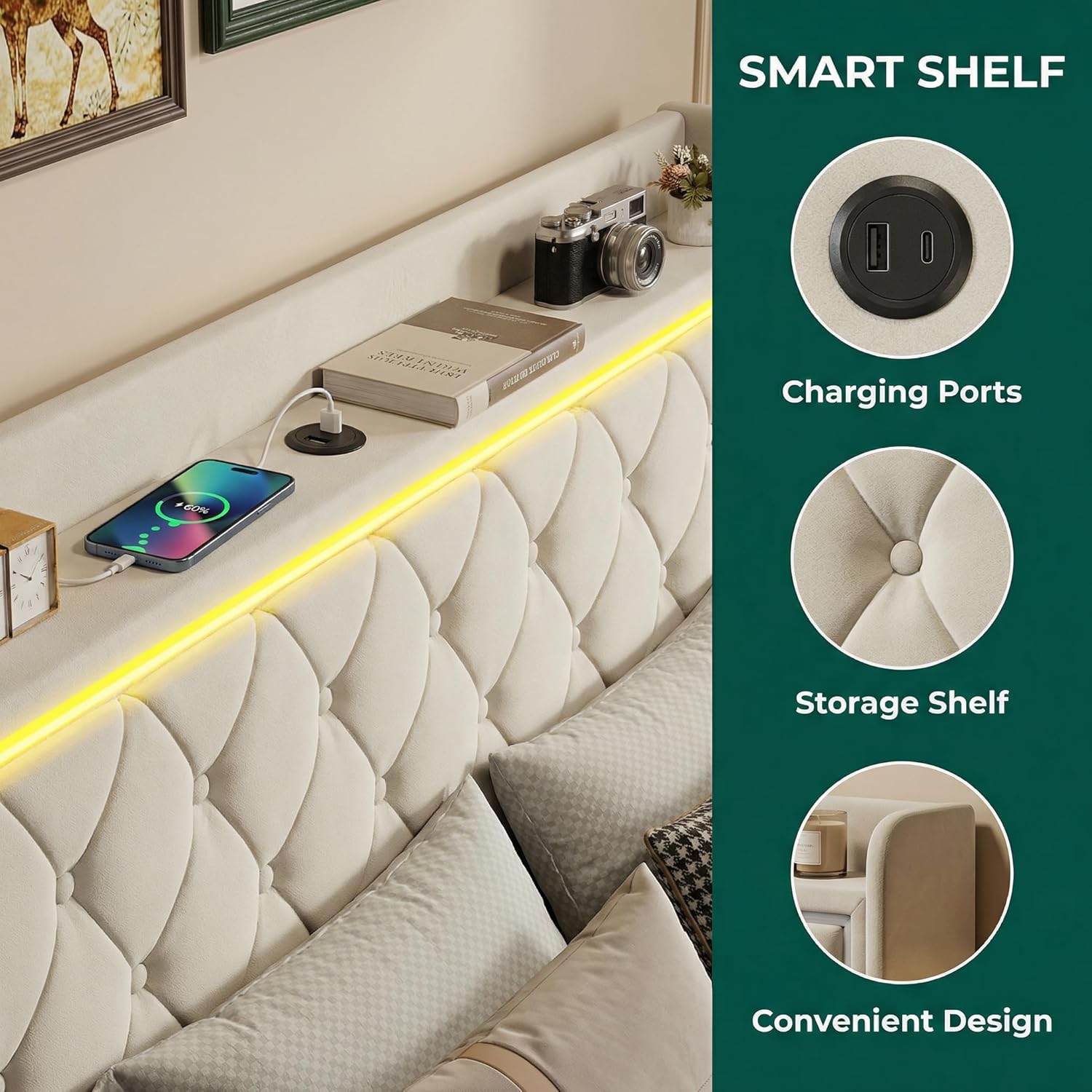 Lit coffre 160x200 cm LED USB tête de lit rangement velours
