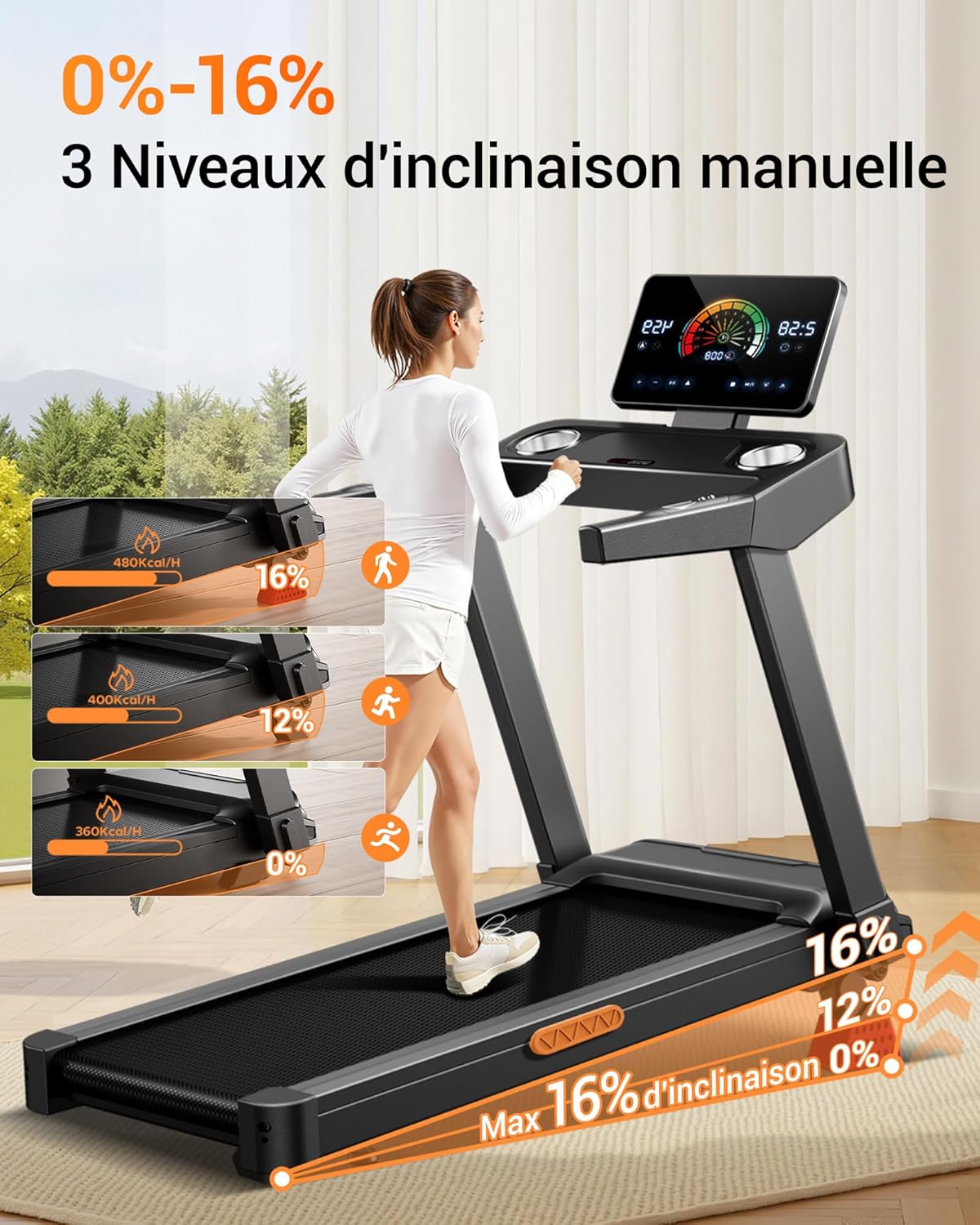 Tapis de course pliable inclinable 16% 14 km/h surveillance fréquence cardiaque moteur 35 CV LED charge 180 kg