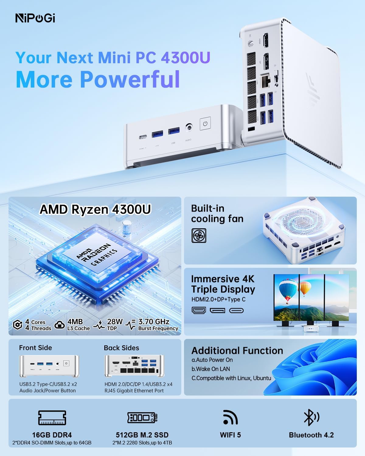 Mini PC Pinova P2 Ryzen 4300U 16 Go 512 Go SSD WiFi HDMI DP Type C triple écran 4K