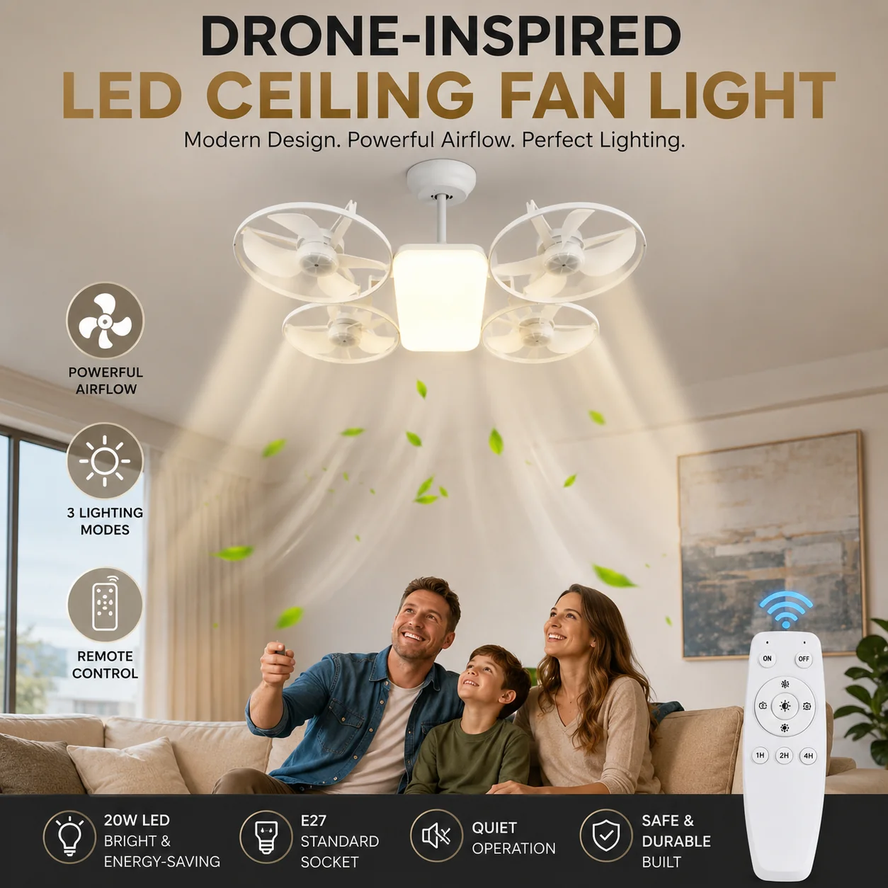 💡LED Ceiling Fan Light with Remote – Drone Design, 20W, 3 Lighting Modes, E27