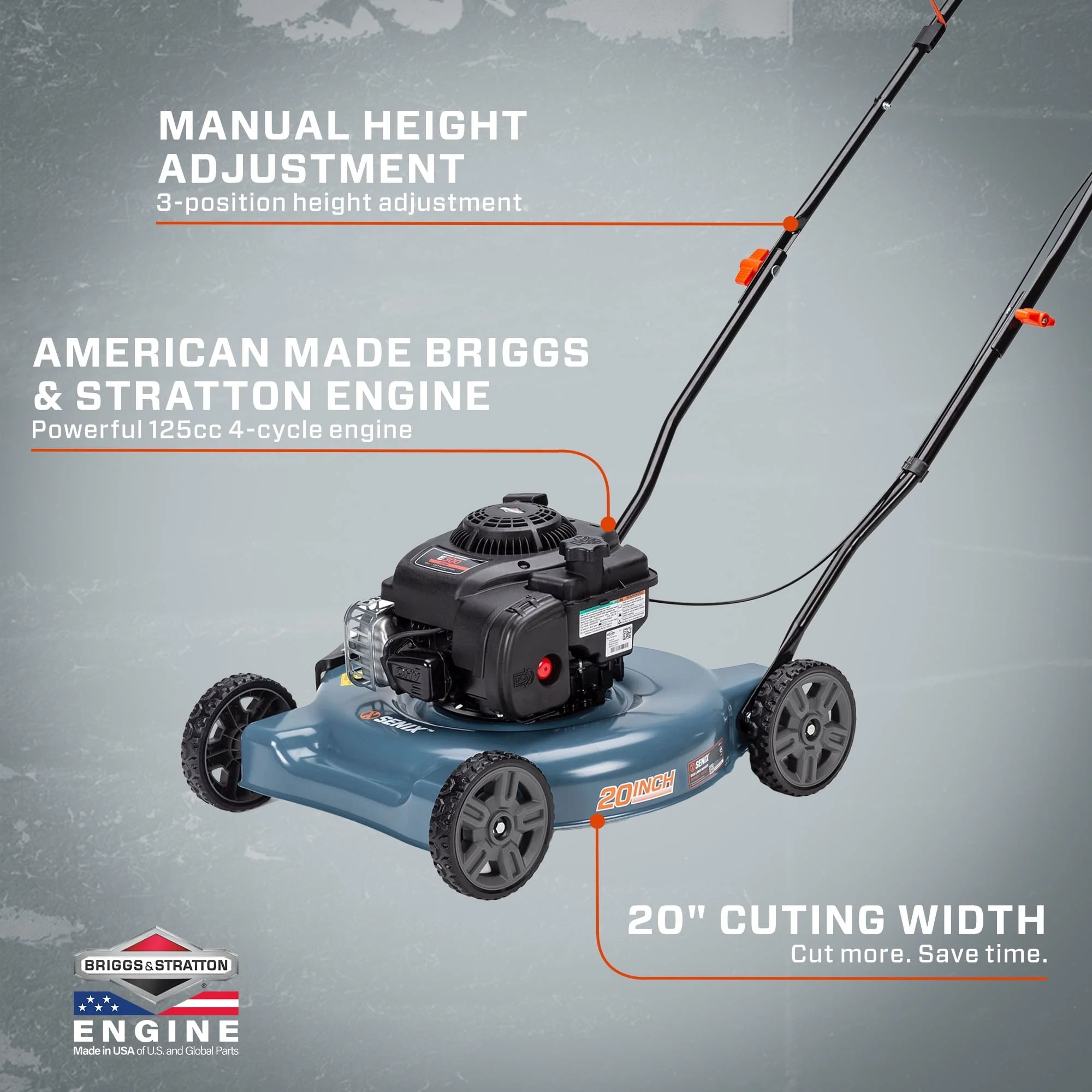 SENIX Gas Lawn Mower, 20 - Inch, 125 Cc 4 - Cycle Briggs & Stratton Engine, Push Lawnmower with Side Discharge, 3 - Position Height Adjustment, LSPG - L2, Blue