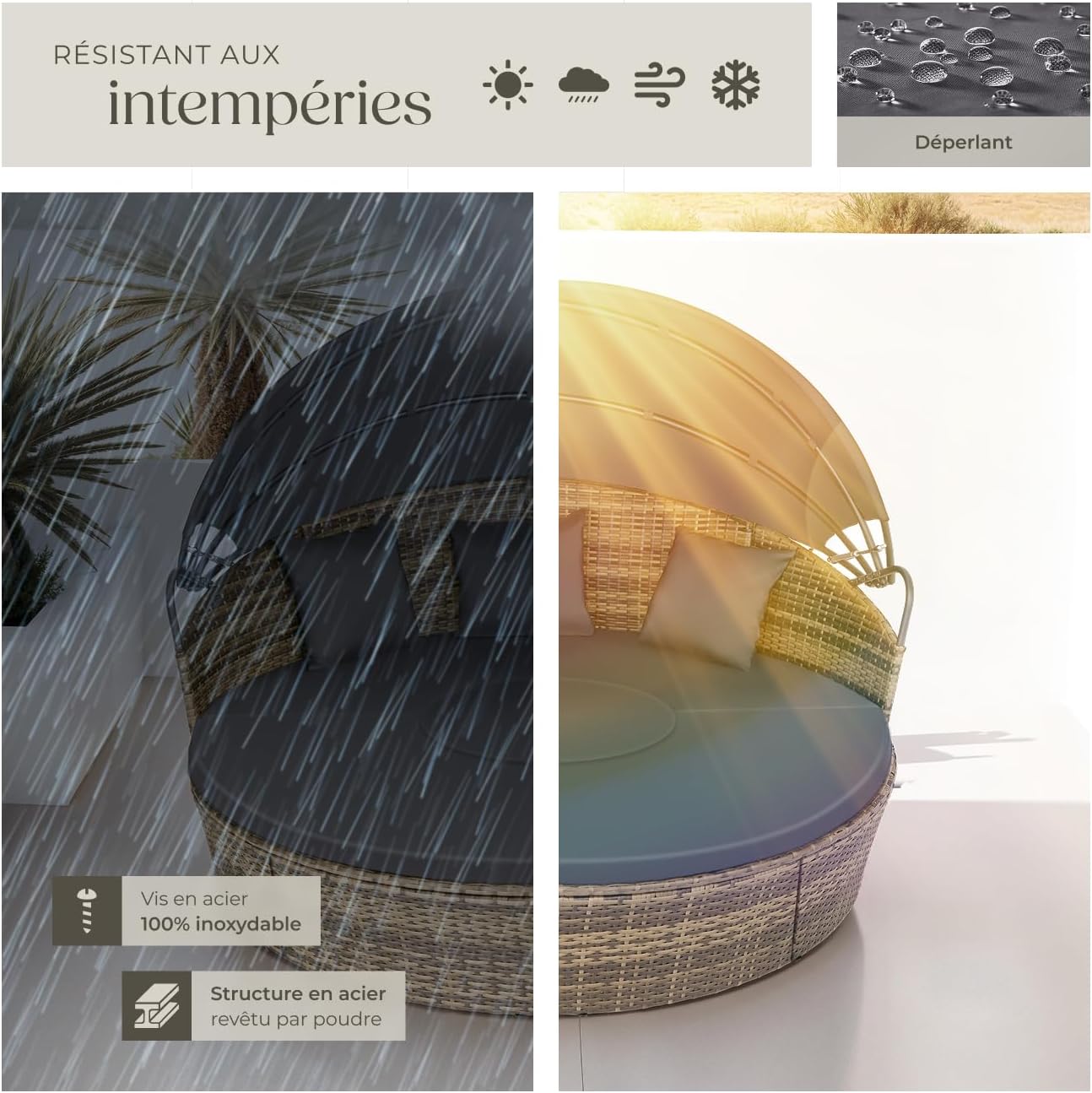 Bain de soleil modulable résine tressée pare soleil pliable coussins inclus