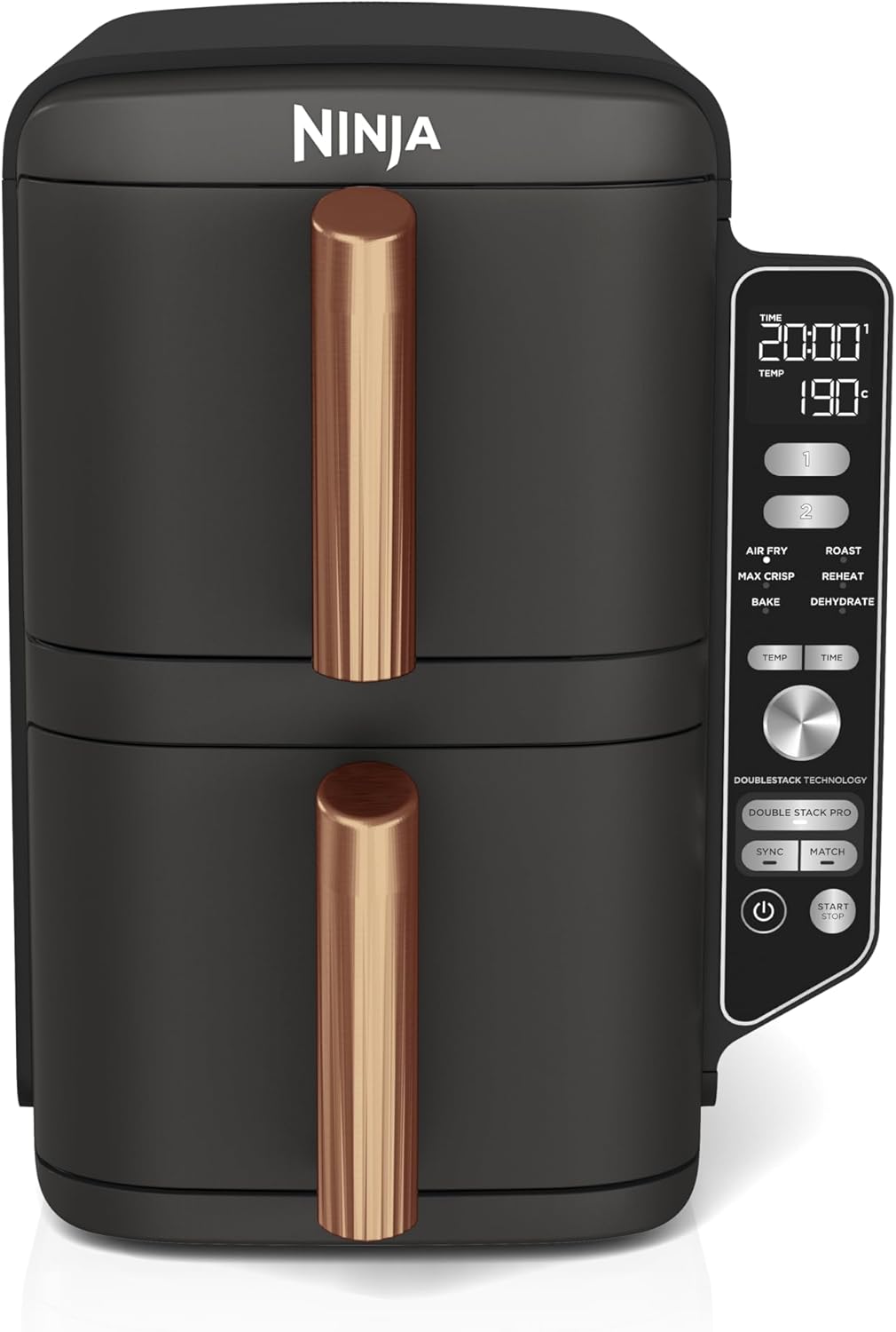 Friteuse air chaud Double Stack XL 95 L 2 compartiments verticaux 4 niveaux cuisson 6 en 1 pièces antiadhésives lavables noir cuivre