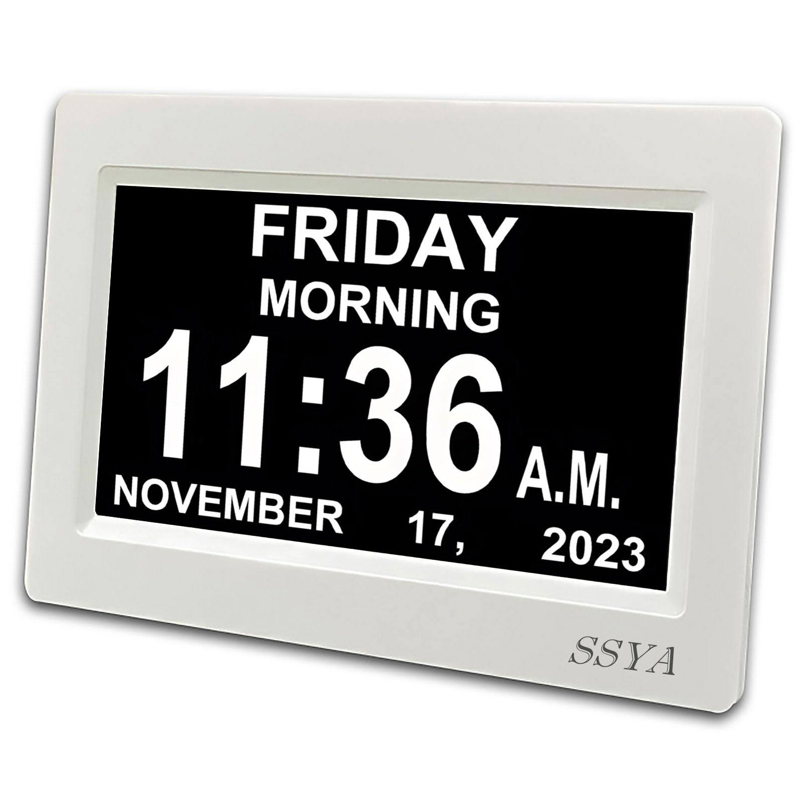 Ssya Digital Calendar Alarm Day Clock - 12 Alarm options Level 5 Auto Dimmable Dementia Clocks for Vision Impaired Elderly Memory Loss Clock with Non-
