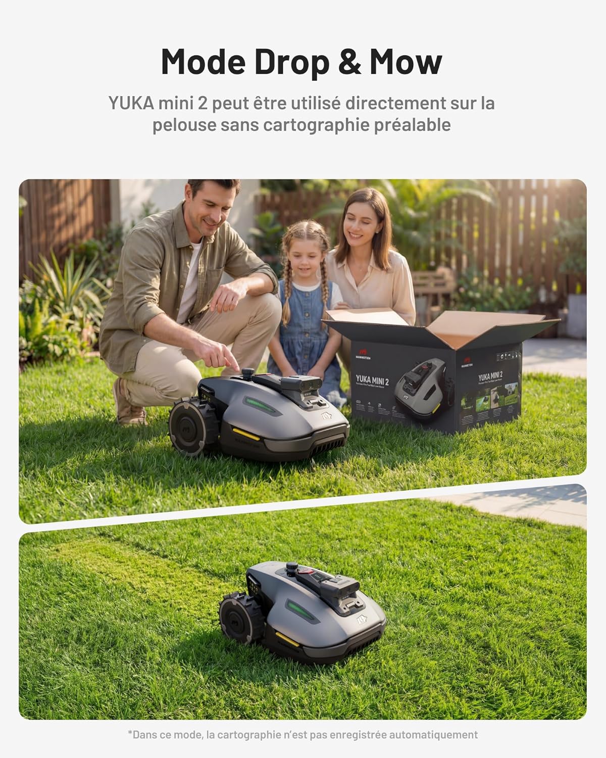Robot tondeuse YUKA Mini 2 500 m² zéro perte signal IA triple caméra cartographie multi zones
