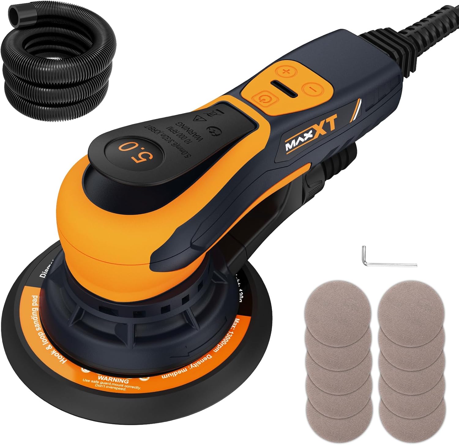 Ponceuse orbitale 150 mm 5 mm 6 vitesses frein automatique avec abrasifs