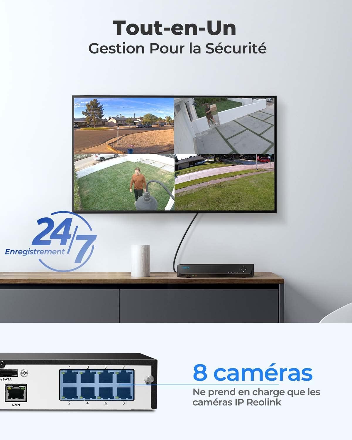 NVR 4K PoE 8 canaux enregistreur vidéo disque dur 2 To compatible caméras 16MP à 4MP RLN8-410