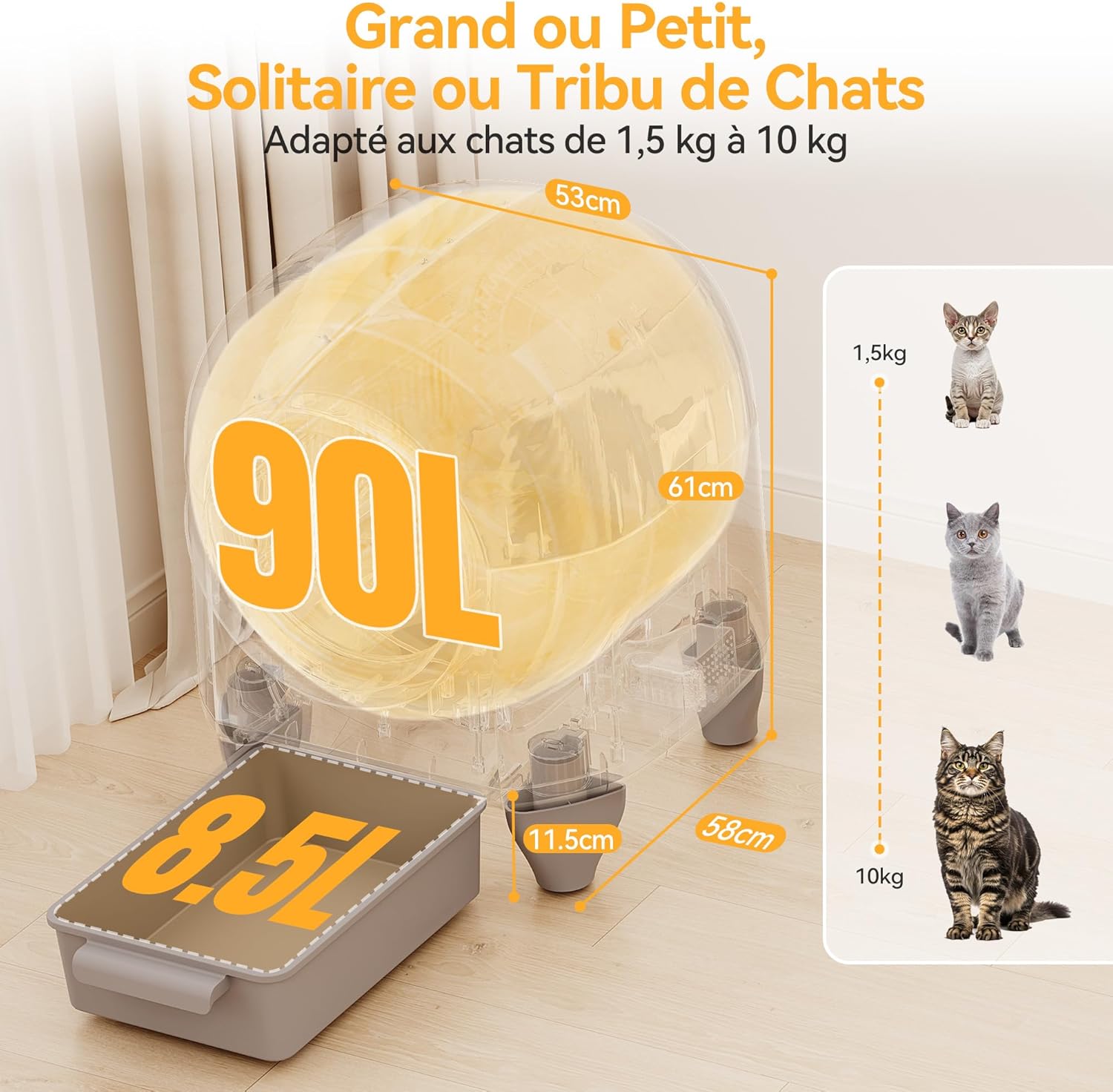 Litière chat autonettoyante 90 L contrôle appli capteurs multiples grands chats