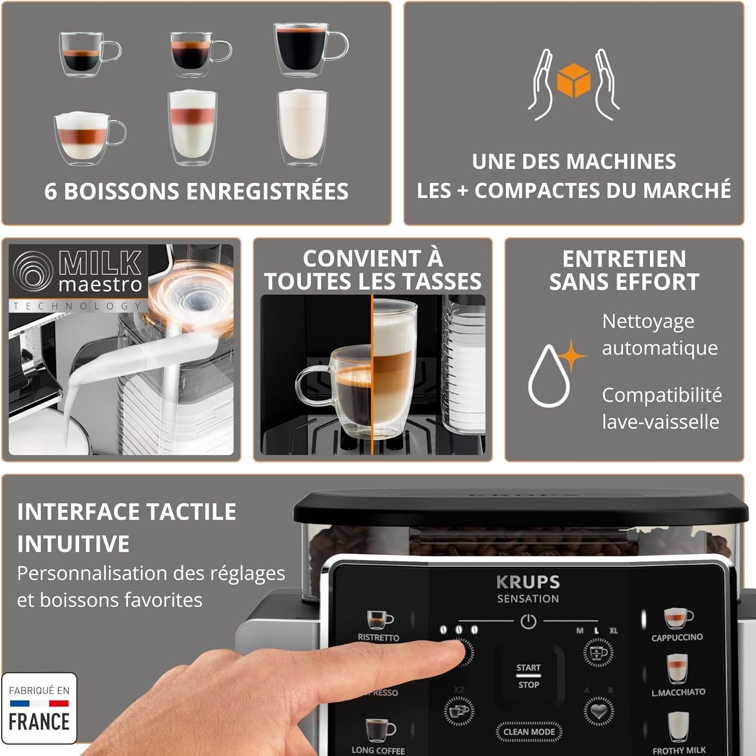 Machine café grains expresso automatique 6 boissons carafe lait interface tactile