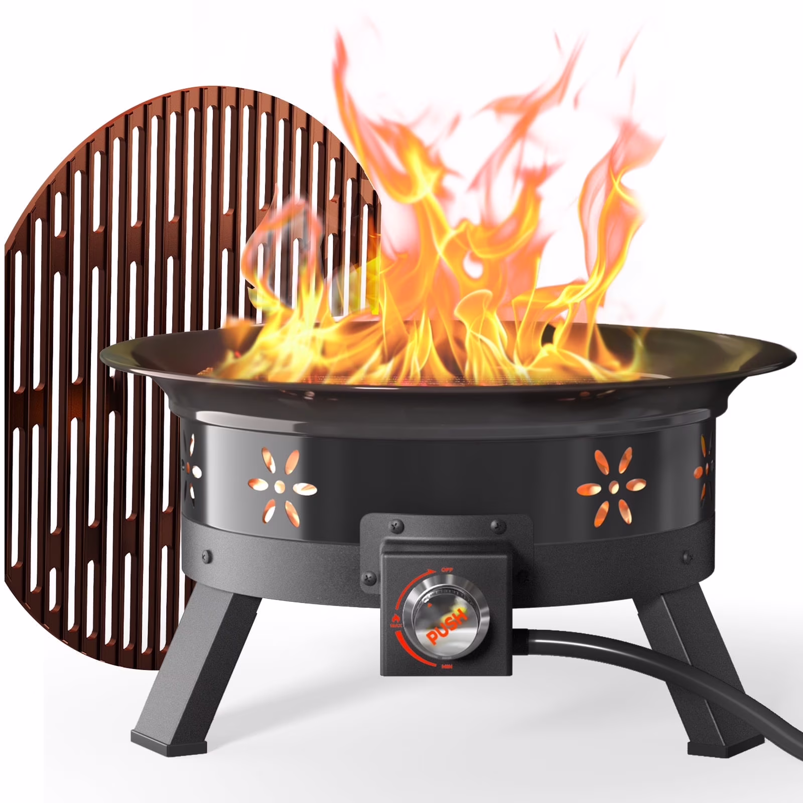 Philergo 19 in Portable Fire Pits with Grill for Outside 58000 BTU Gas Fire Bowl with Foldable Legs & Lid & Carry Kit & Lava Rock Stone
