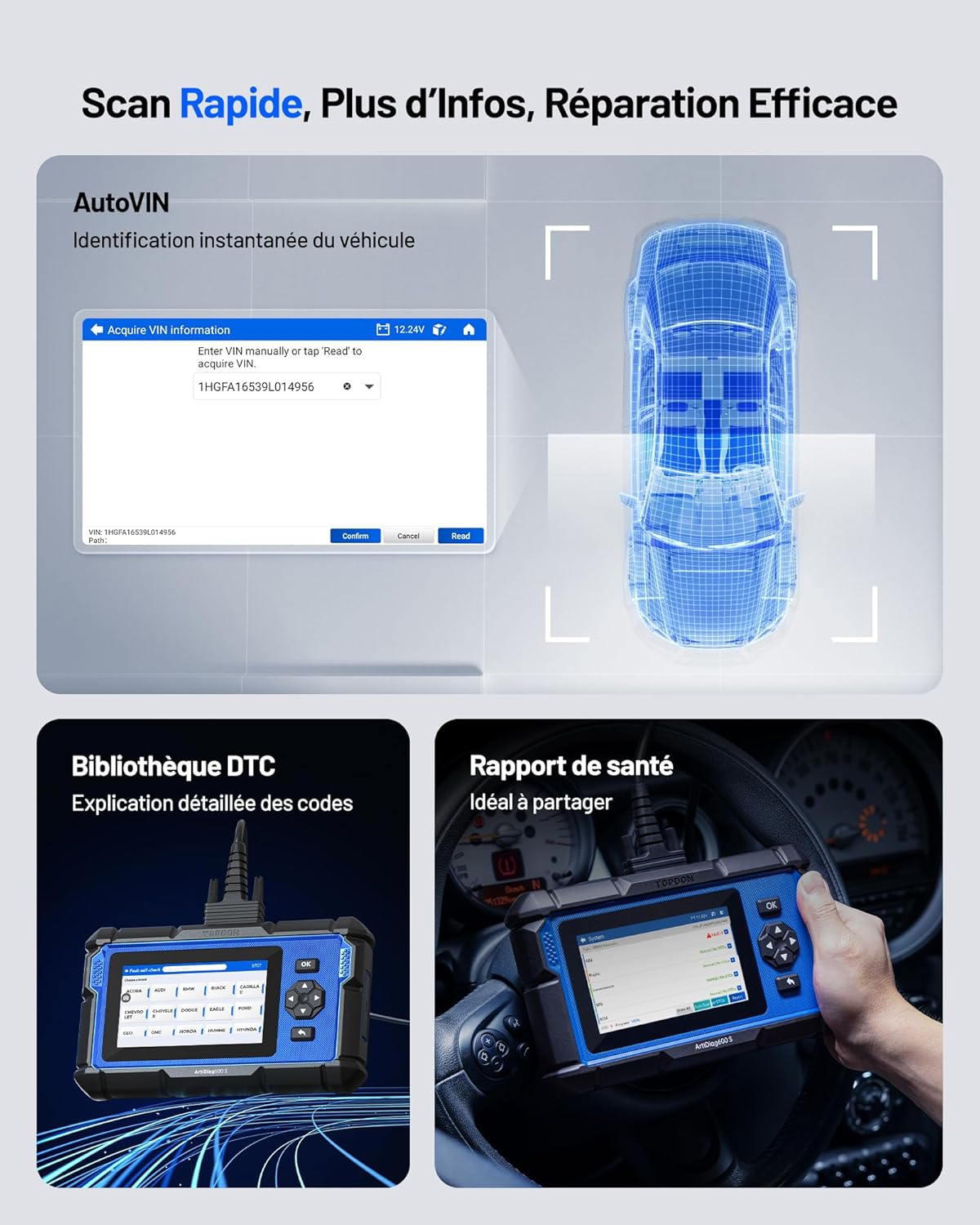 Valise diagnostic auto ArtiDiag600S OBD2 4 systèmes 9 réinitialisations fonctions complètes
