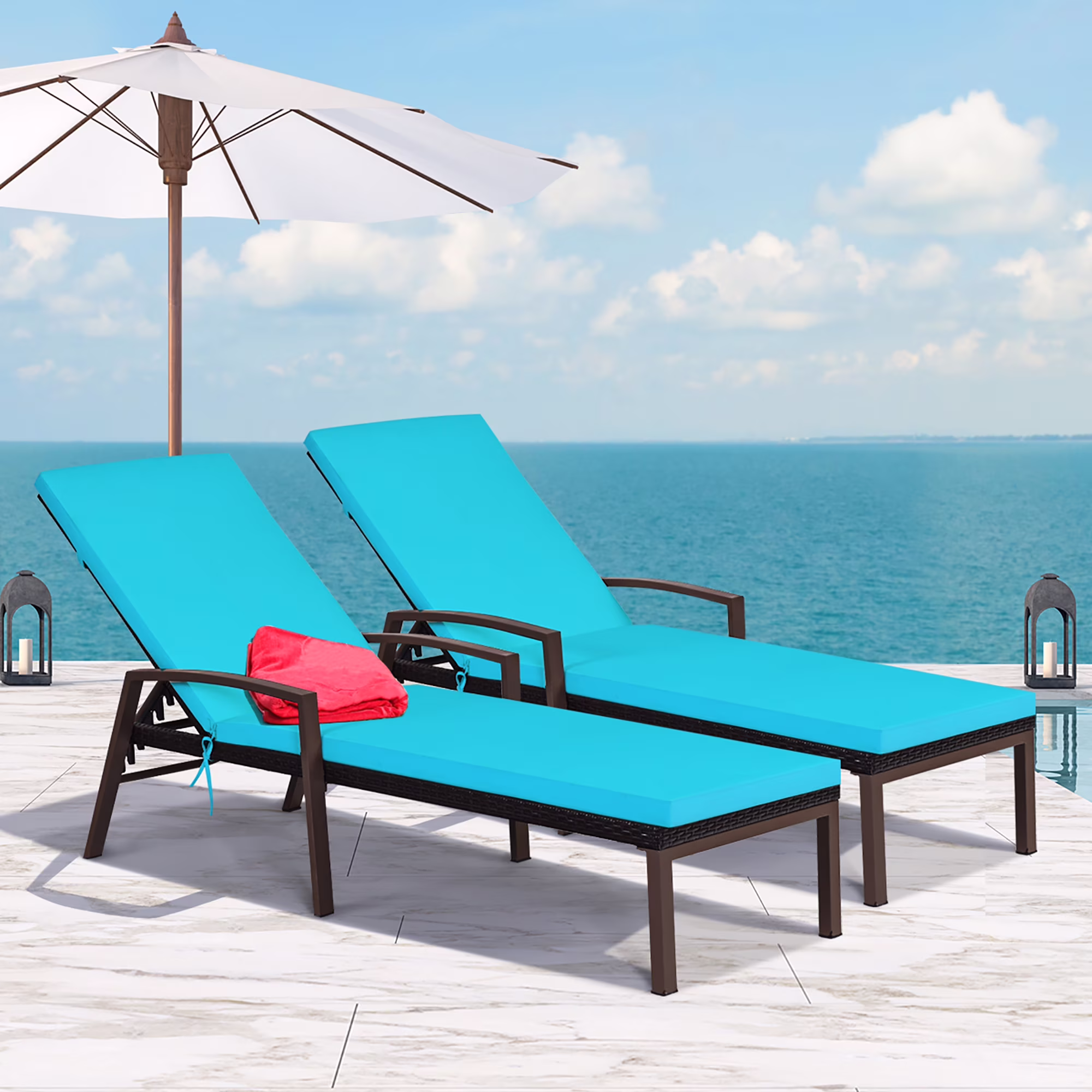 Costway 2PCS Patio Rattan Lounge Chair Chaise Recliner Back Adjustable Cushioned Red