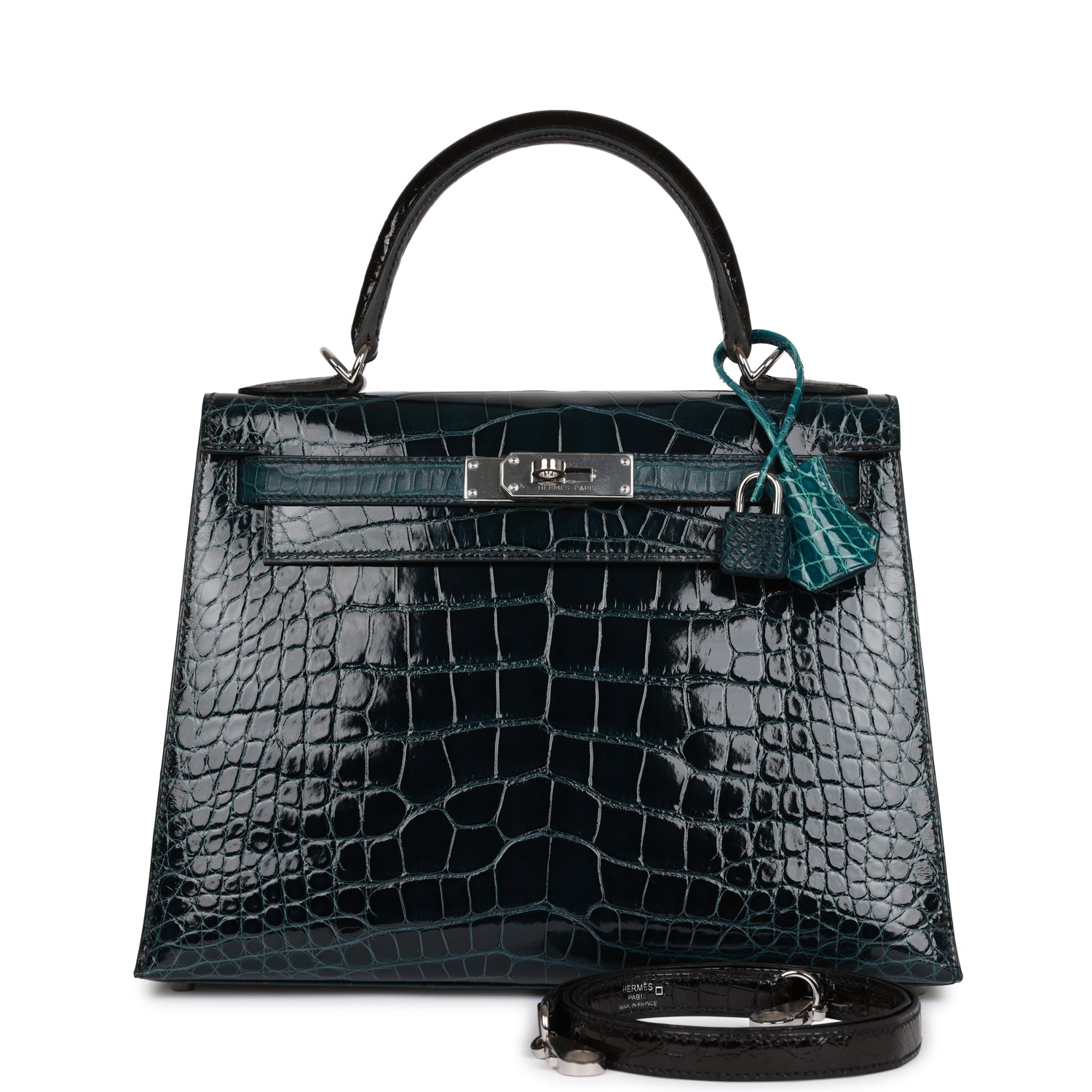 Hermes Kelly Sellier 28 Tri-color Black. Vert Rousseau and Vert Bosphore Shiny and Matte Alligator Palladium Hardware