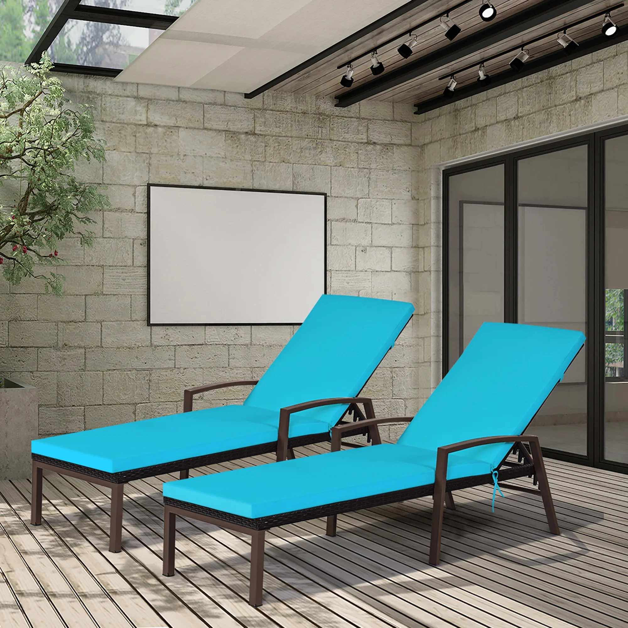 Costway 2PCS Patio Rattan Lounge Chair Chaise Recliner Back Adjustable Cushioned Red